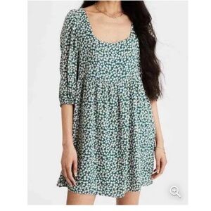 American Eagle Puff Sleeve Ditsy Floral Green Babydoll Mini Dress